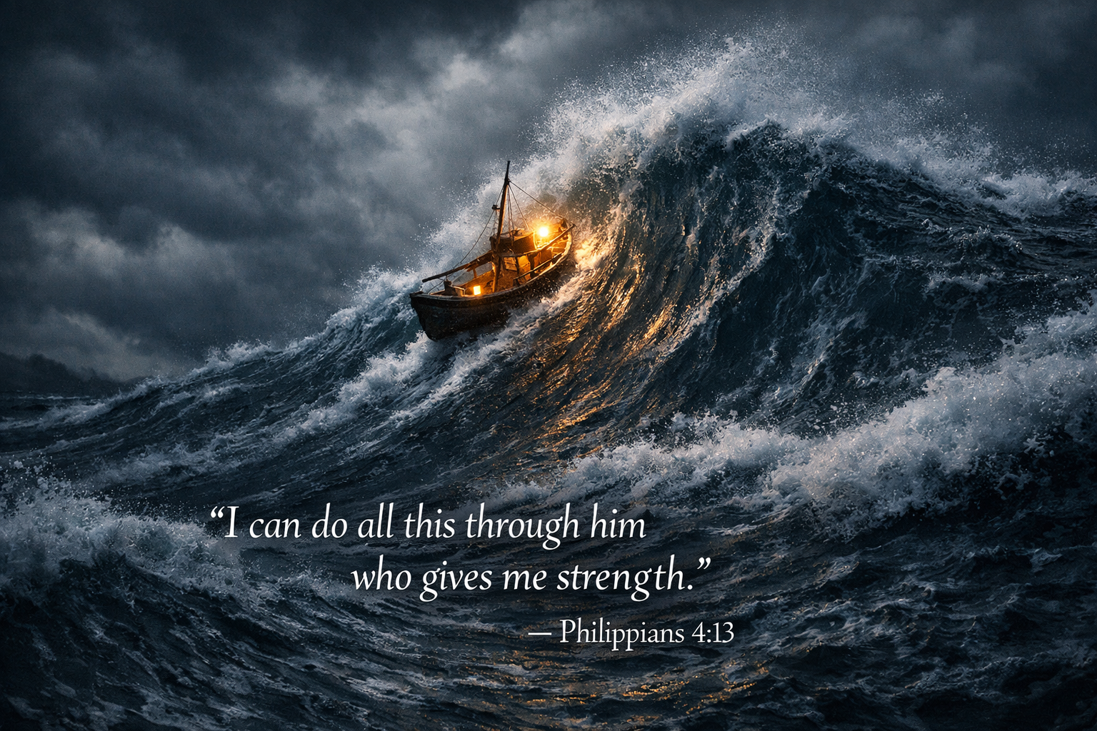 Bible verse wallpaper Philippians 4:13 with small boat sailing into massive wave with golden lantern glowing in dark ocean